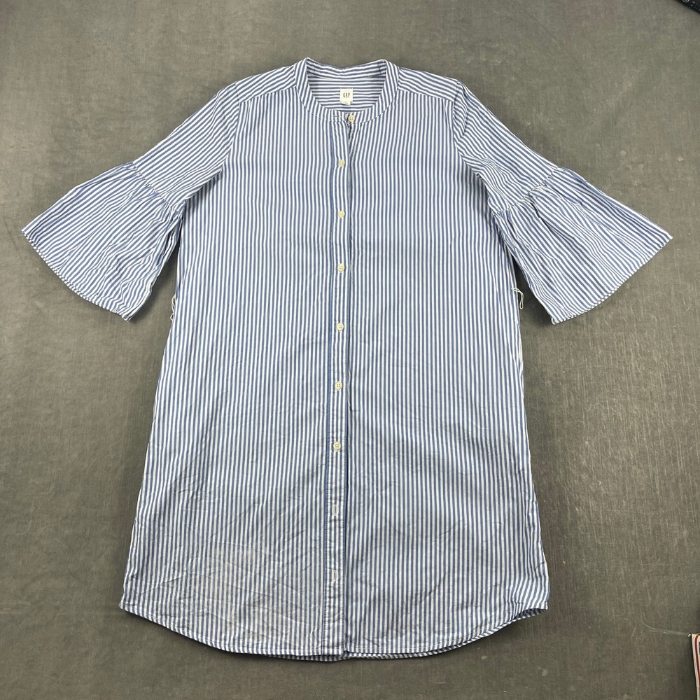 Gap Women S Blue Striped Shirt Dress Bell Sleeve Band Collar Button Front